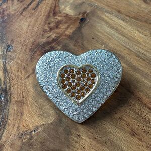 Vintage Gold Rhinestone Heart Valentines's brooch love Clear & Topaz